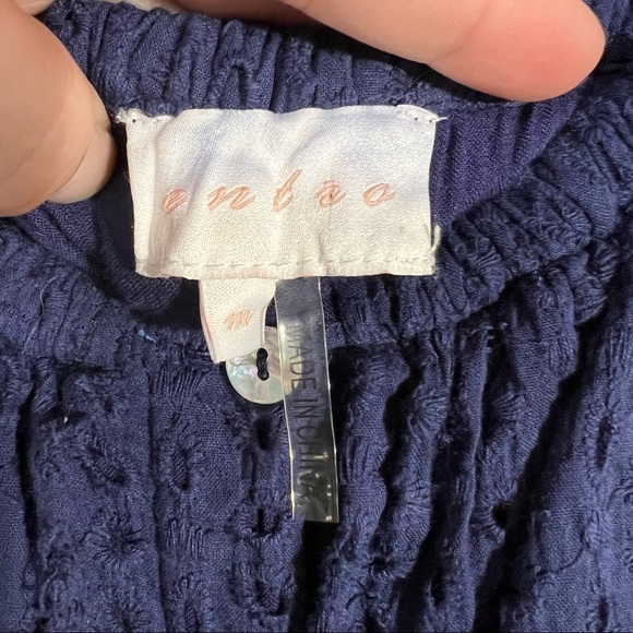 𝅺Entro Eyelet Lace Off Shoulder Button Down Mini Dress w/Pockets Navy Blue Sz M - Picture 3 of 6